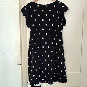 Banana Republic Navy Polka Dot Silk (Polyester) Dress with Puff Sleeves